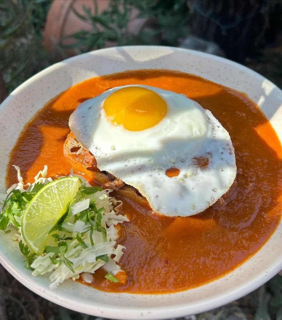 A fried egg resting atop a red chile–sauced plate with lime and cabbage garnish, illustrating the regional Mexican flavors featured in Tucson Foodie’s Passport.