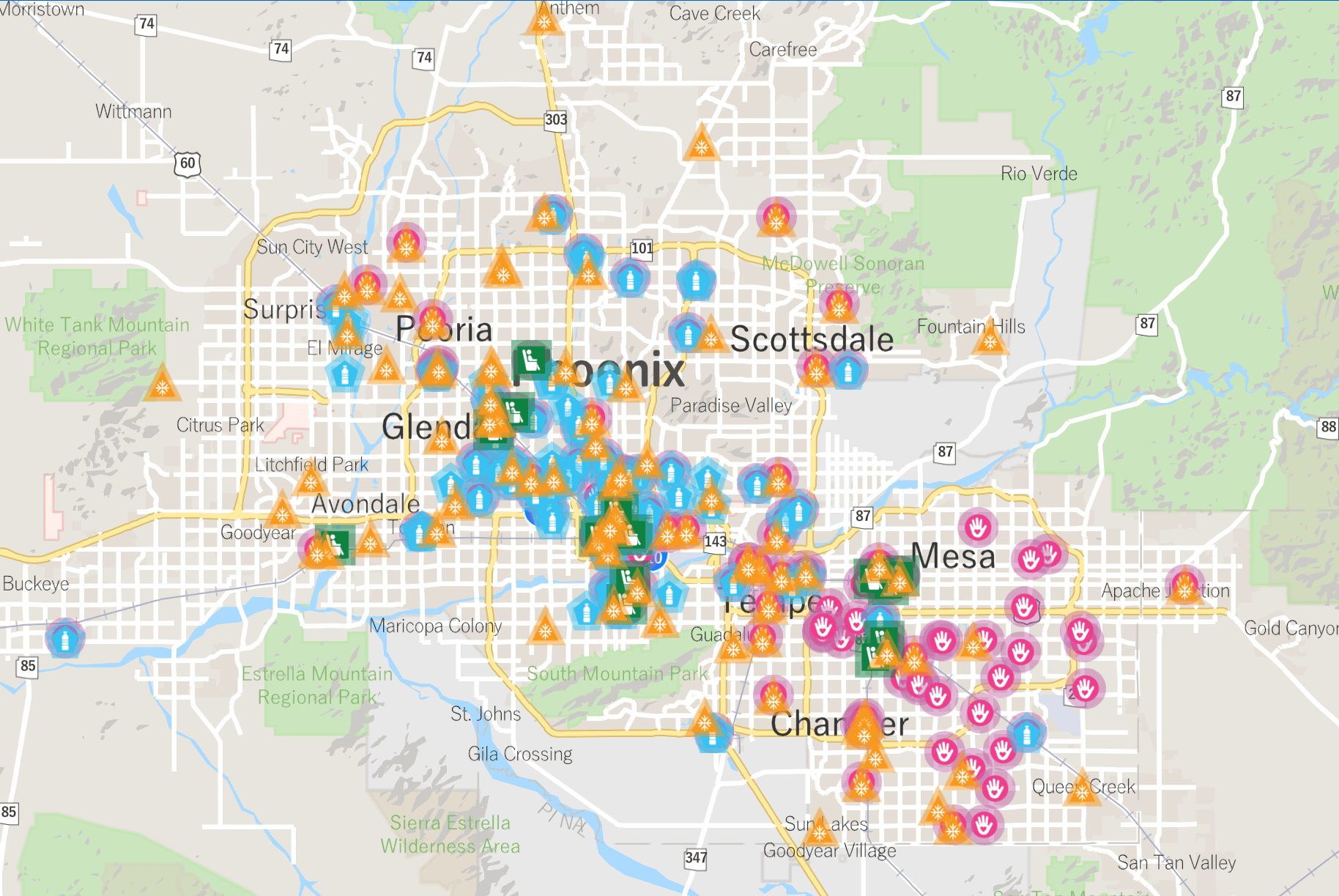 Map of Maricopa County showing the locations of cooling centers, hydration stations and respite sites available across the Phoenix metro.
