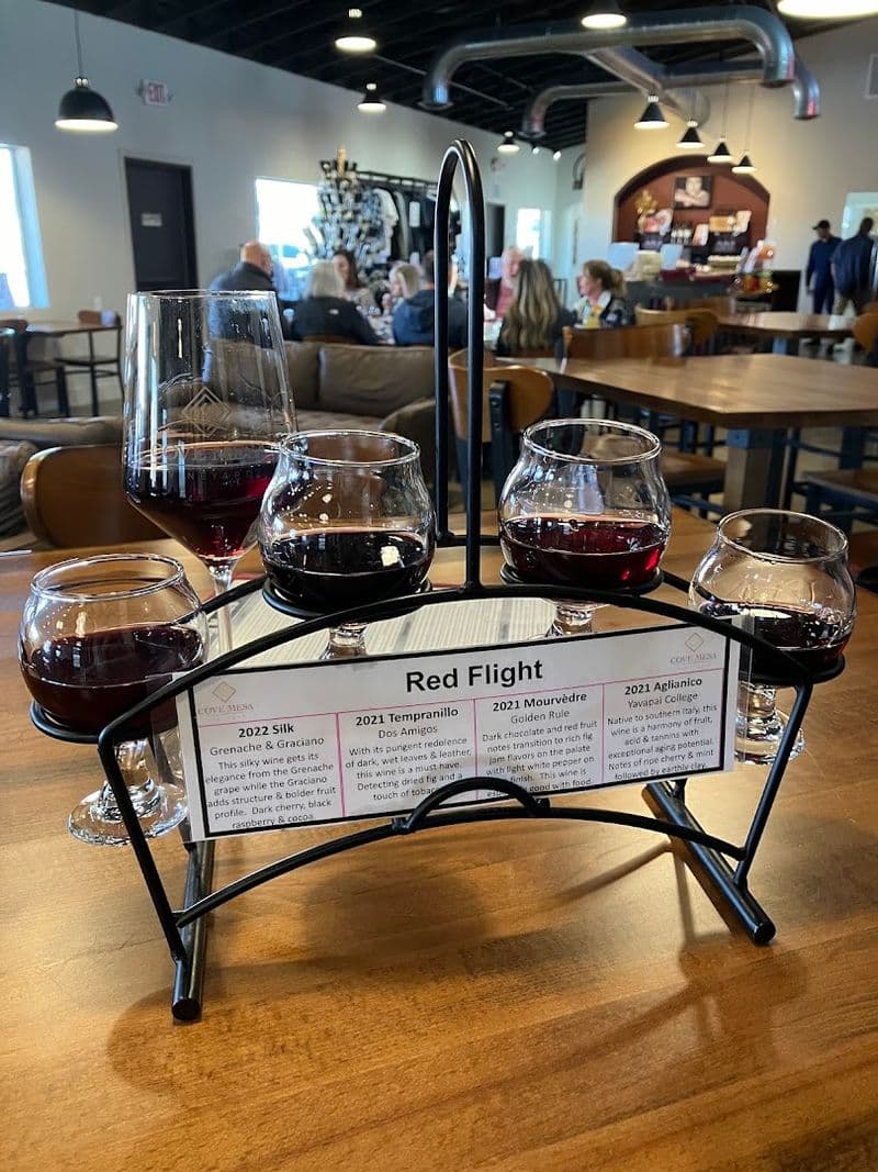 A 'Red Flight' tasting served on a flight rack inside Cove Mesa Vineyard’s tasting room, illustrating the award‑winning wines featured in the article.
