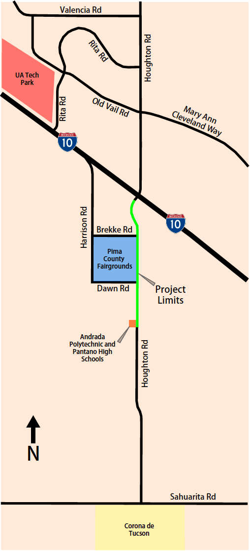 Map showing the Houghton Road widening project limits near I‑10, the Pima County Fairgrounds and the Brekke/Dawn Road area.