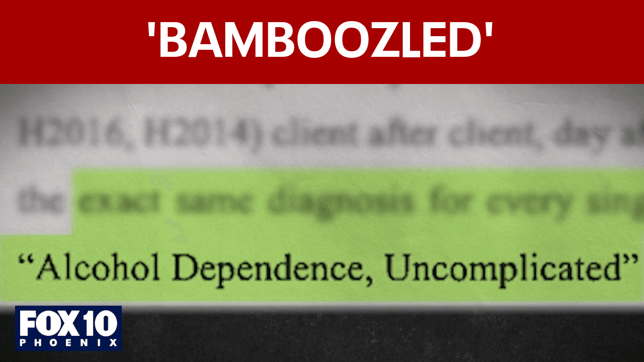 A FOX 10 graphic highlights the phrase "Alcohol Dependence, Uncomplicated" from medical records, illustrating alleged falsified diagnoses tied to the health care fraud investigation.