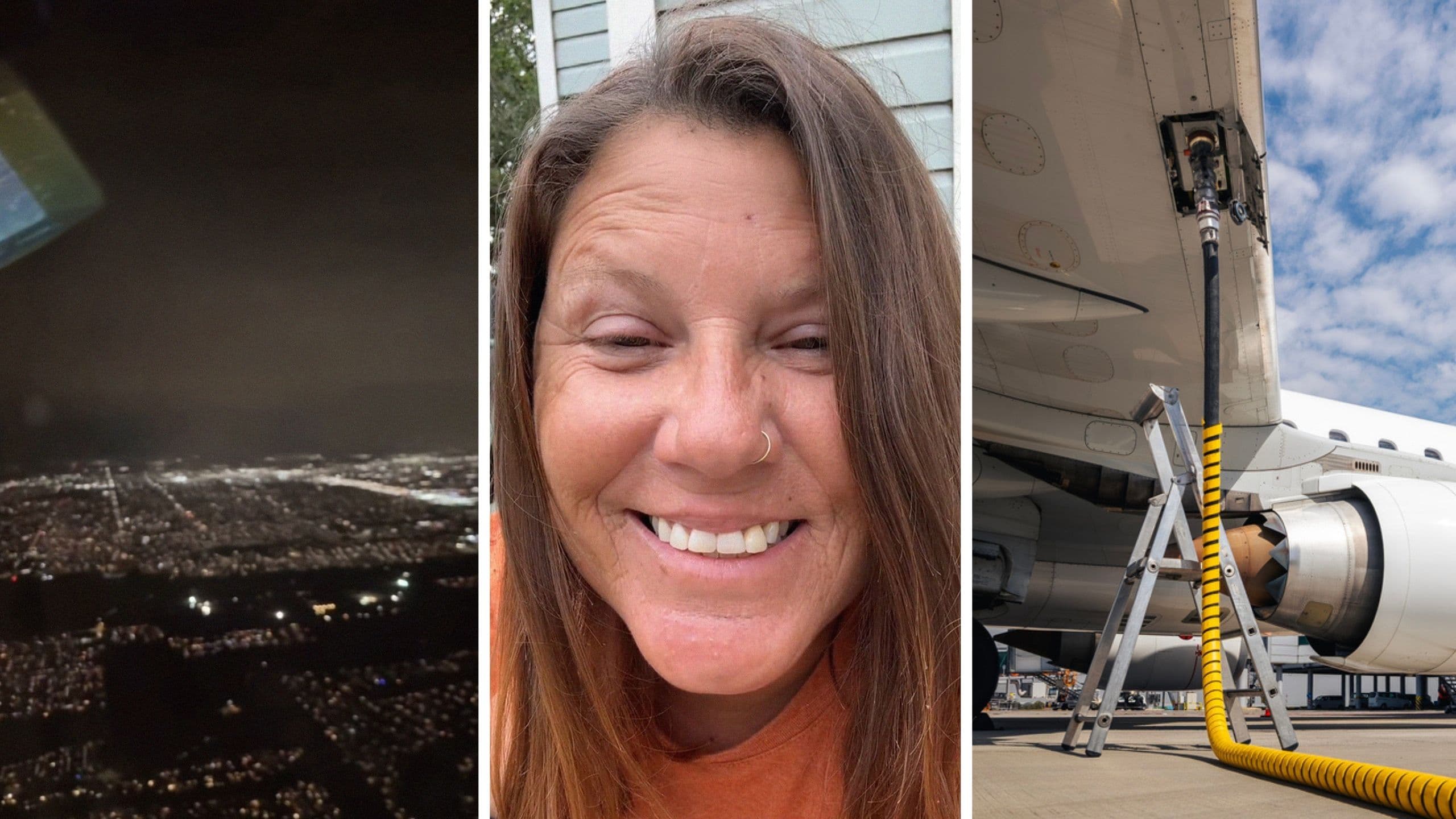 Composite image showing the TikTok passenger's selfie (center), a night aerial view from the flight (left), and ground crew refueling a United jet on the tarmac (right) after the aircraft made an emergency landing and passengers were deplaned.