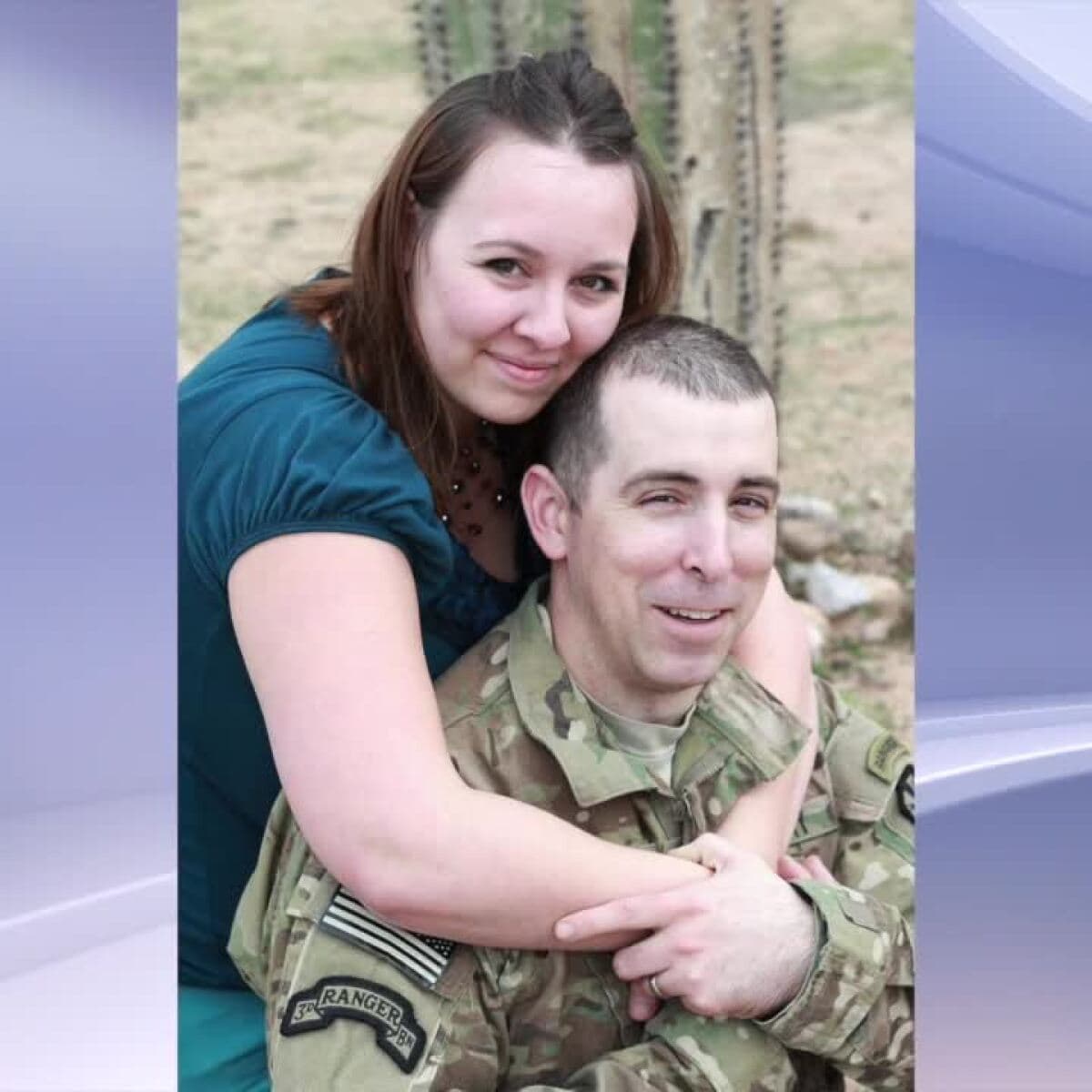 A woman embraces her husband in Army Ranger uniform in a family photo — she is now pushing for tougher speeding penalties after his death in a crash.