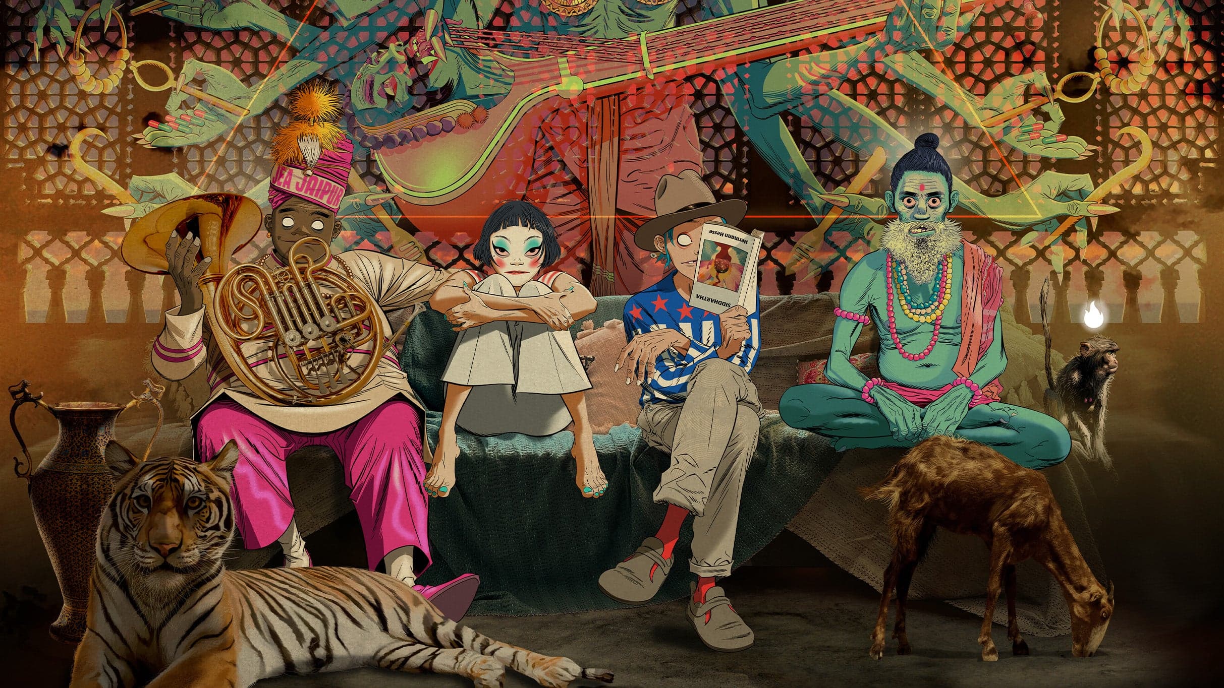 Official Gorillaz artwork depicting the animated band members seated with exotic animals, used to illustrate the band's 'The Mountain Tour 2026' Phoenix concert listing.