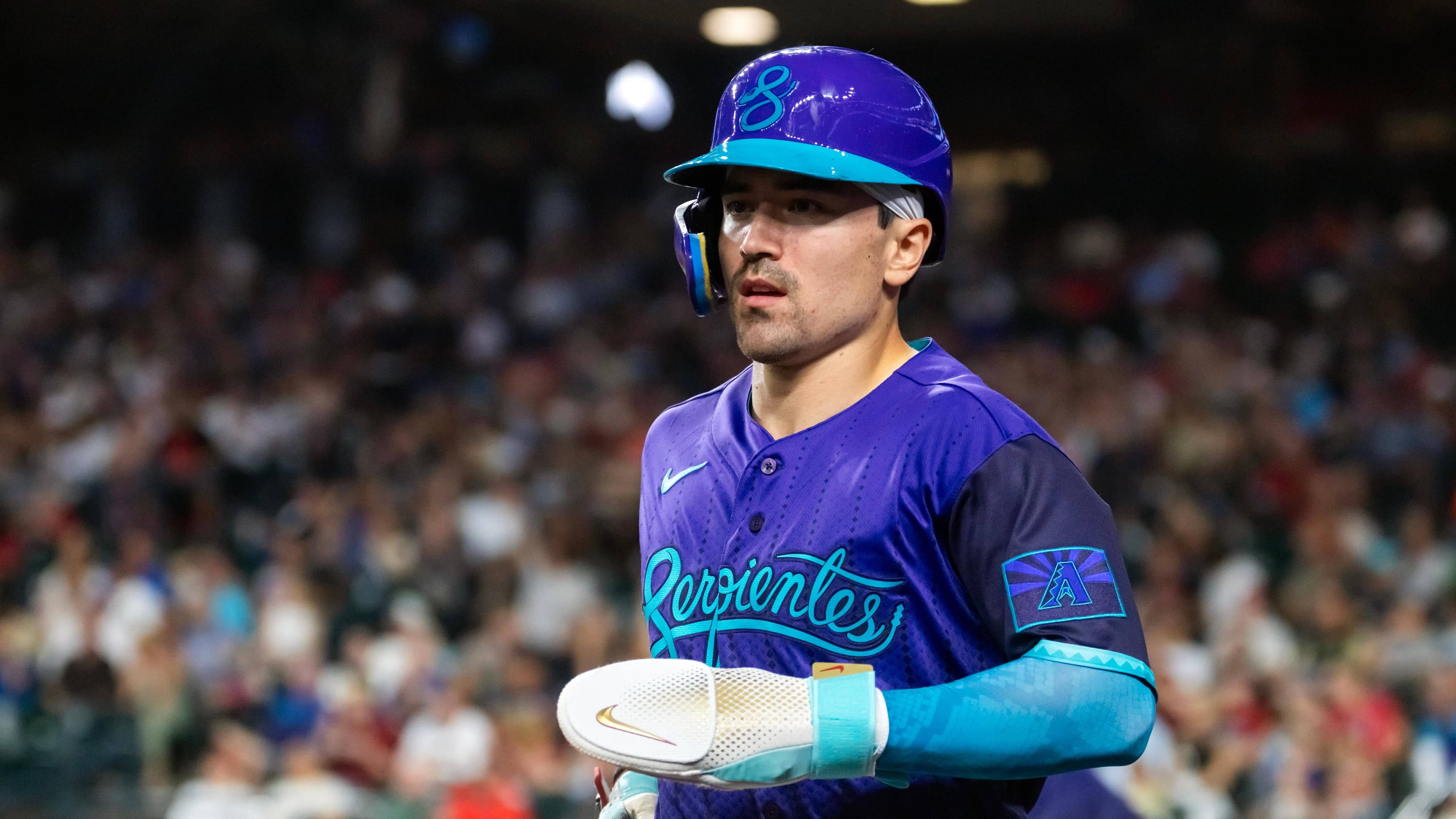 Arizona Diamondbacks outfielder in the team's purple City Connect uniform at Chase Field — one of the D-backs named to the 2026 All‑Star roster.