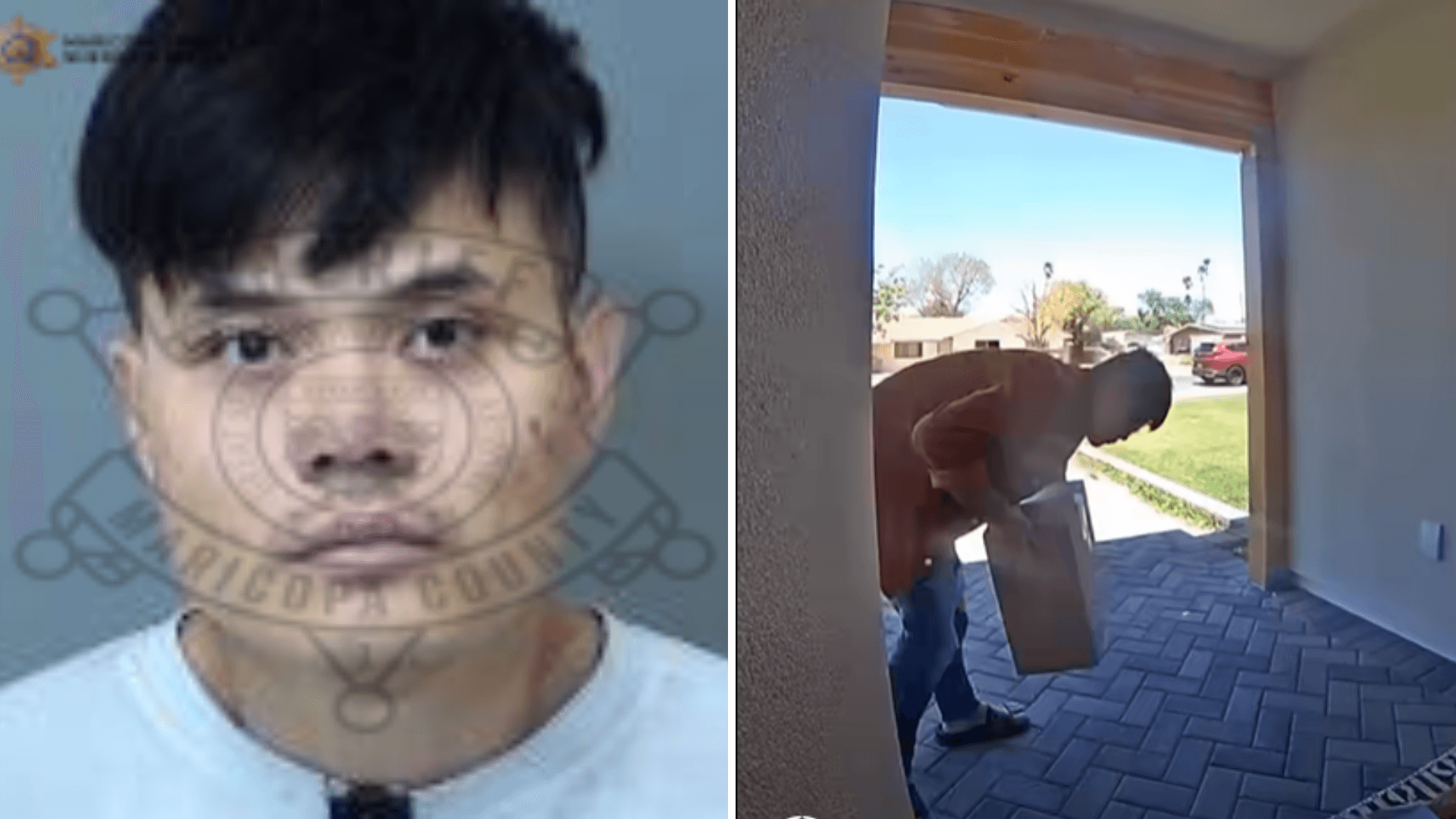 Doorbell-camera footage (right) shows a man bending to take packages from a Mesa front porch; police-released mugshot (left) was circulated after an arrest in the investigation into more than $2,800 in stolen deliveries, officials say.