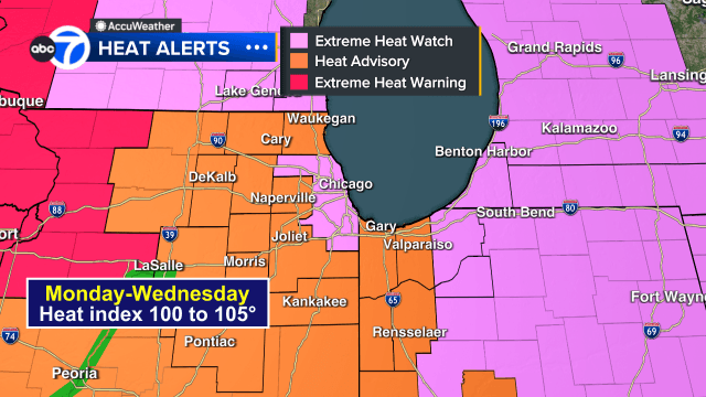 Color-coded heat alert map showing Monday–Wednesday heat index values of 100–105°F across the Chicago area as extreme heat warnings and advisories are issued.
