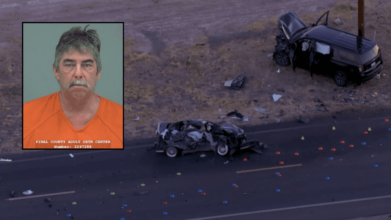 Aerial view of the crash scene in San Tan Valley, Pinal County, where a 23-year-old woman was killed; inset shows the mugshot of the Florence man taken into custody in connection with the hit-and-run.