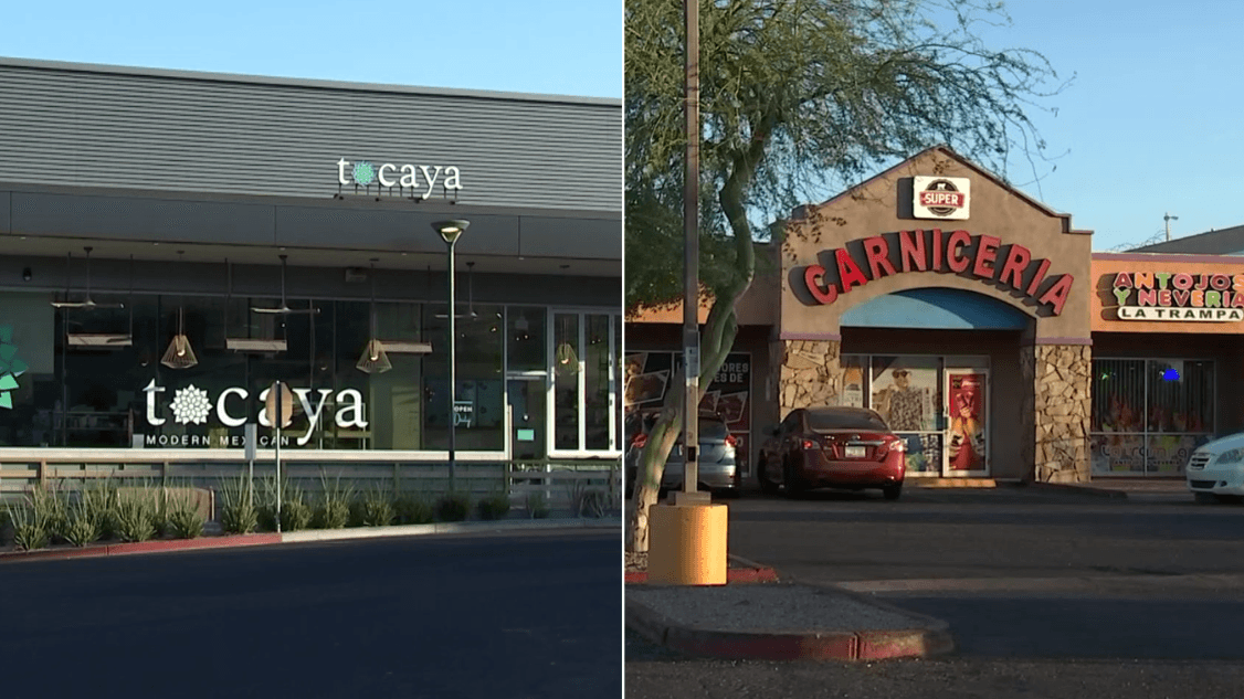 Storefronts of Tocaya (left) and Carniceria La Super (right) in Phoenix; Carniceria La Super is named in AZ Family’s Dirty Dining report after multiple Maricopa County health-code violations.