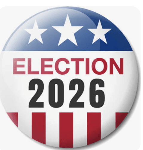 Illustrative campaign button reading 'Election 2026' used to represent the Mesa Council primary in which Goforth and Willis have taken early leads.