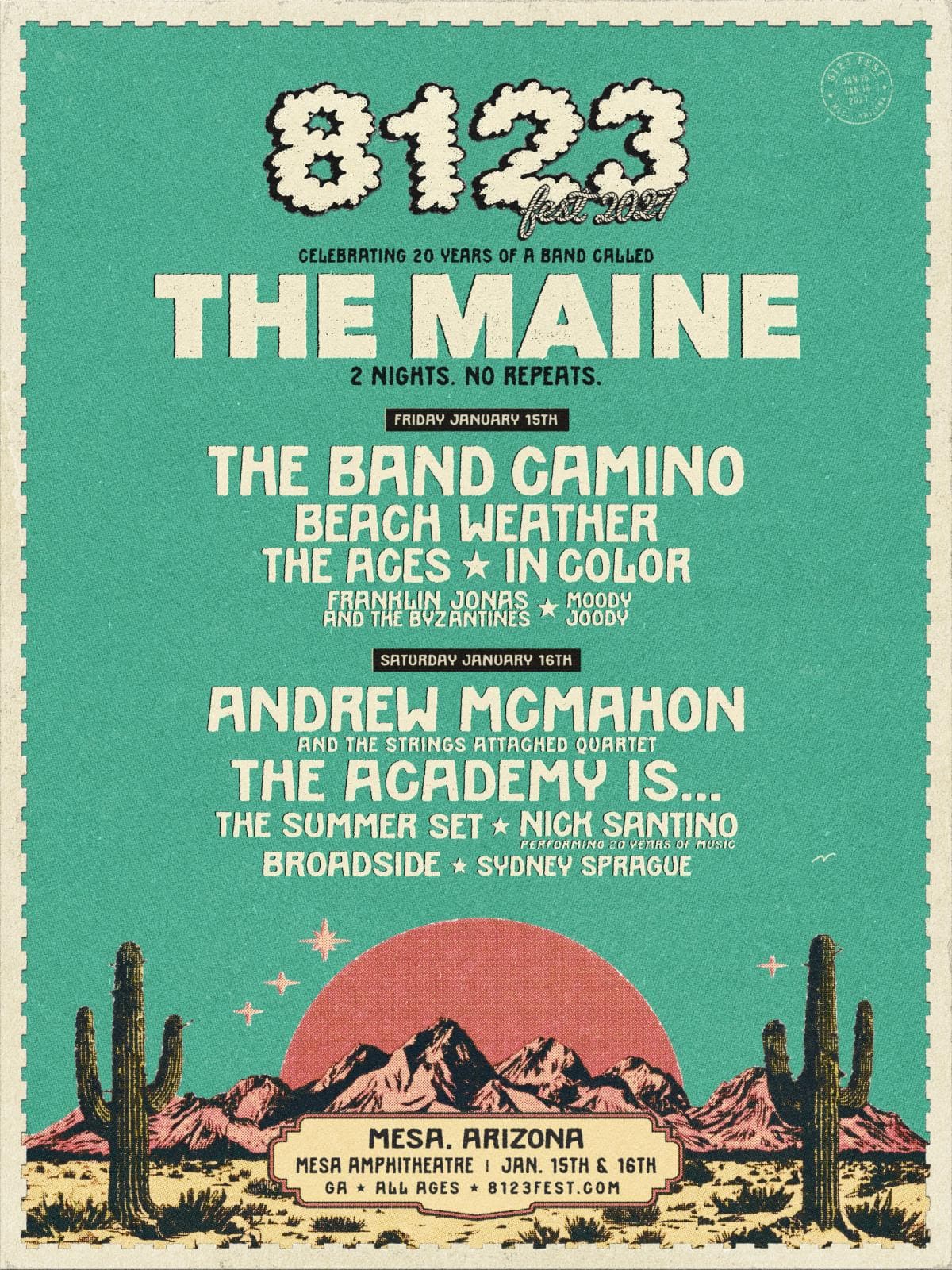 Official 8123 Fest 2027 poster listing the two-night lineup and headliner for Jan. 15–16 at Mesa Amphitheatre in Mesa, Arizona.