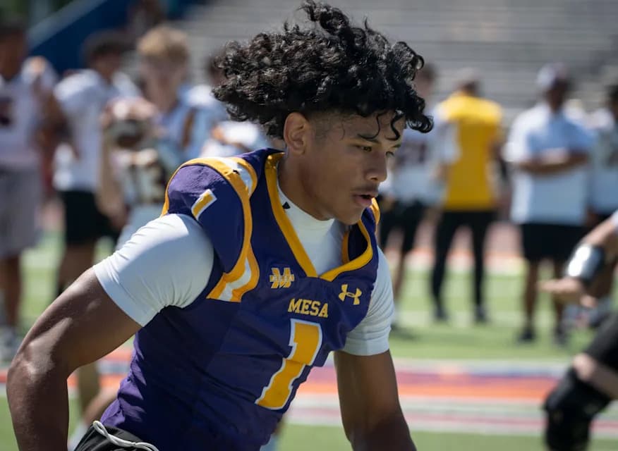 Mesa receiver (No. 1) runs a route at a spring/summer camp, photographed among the crop of Arizona high school wideouts to watch in 2026.