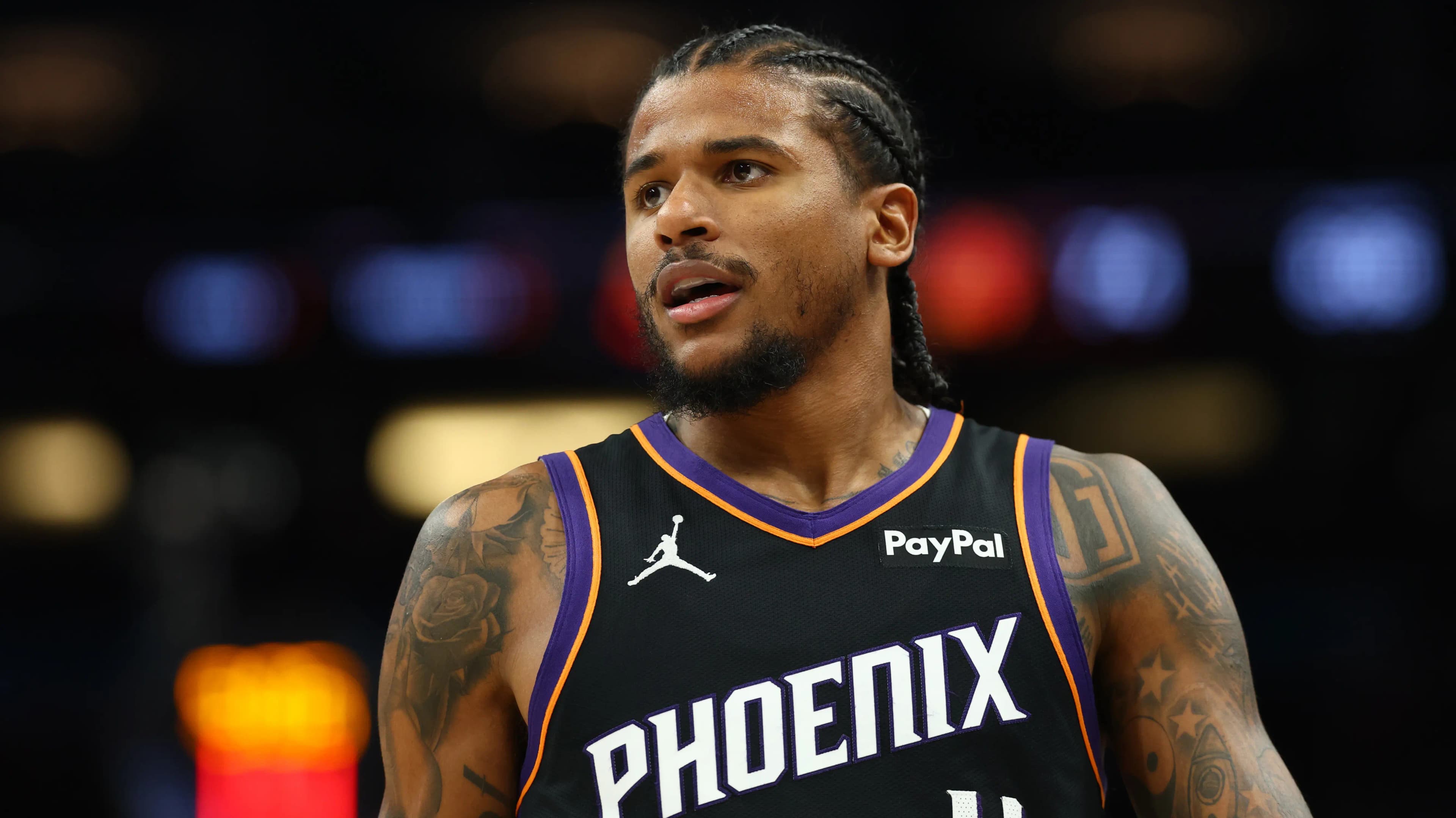 Phoenix Suns guard No. 4 in a close-up during the 2026 postseason, photographed as trade speculation mounts over his fit with the team’s core.