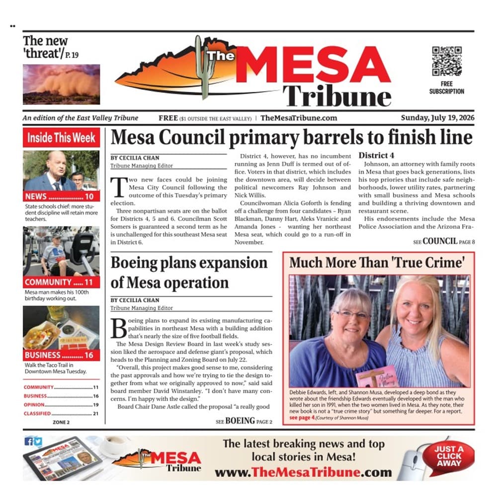 Front page of The Mesa Tribune featuring the headline 'Mesa Council primary barrels to finish line,' the paper reporting early leads for Goforth and Willis in the Mesa Council race.
