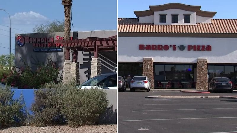 Hokkaido Asian Bistro (left) and Barro’s Pizza (right) exteriors in the Phoenix area — both restaurants were cited in recent Maricopa County inspections for health-code violations, including drinks left on a prep table and condiments stored in soda ice.