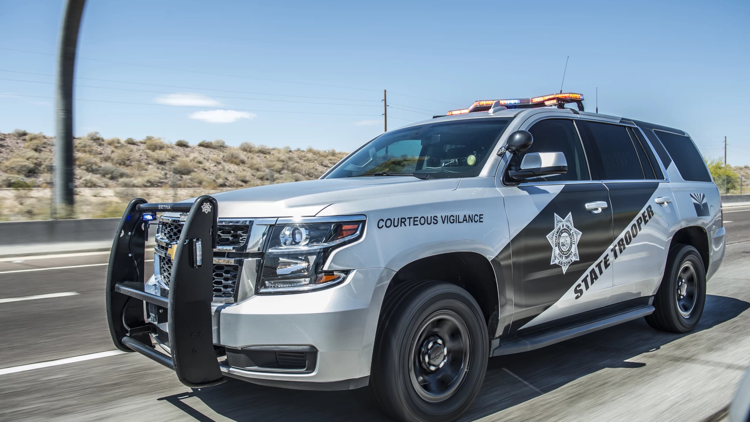 An Arizona Department of Public Safety state trooper SUV pictured on a Phoenix-area freeway; DPS is investigating a fiery crash on the Loop 202 in Tempe, officials say.