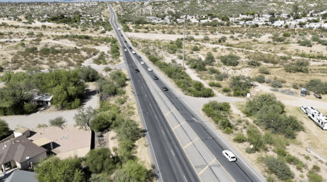 Aerial photo of Houghton Road in Tucson showing the existing roadway and surrounding desert landscape ahead of the planned widening project.
