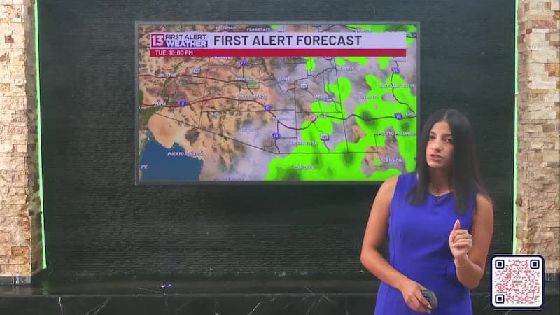 First Alert forecast screen showing scattered precipitation moving into southeastern Arizona, illustrating the article’s note that increasing moisture will bring low storm chances into the region later in the week.