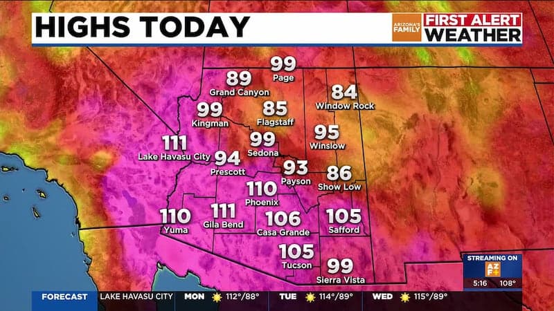 First Alert Weather highs map showing statewide temperatures with Phoenix around 110°F — graphic illustrating the extreme-heat threat and potential hottest day of the year for the region.