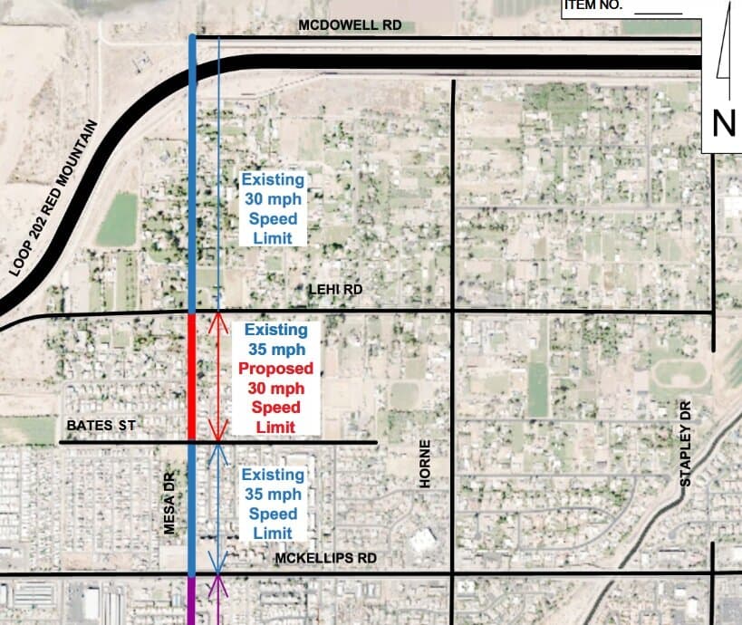 City map showing the stretch of the Lehi area where Mesa lowered the posted speed limit from 35 mph to 30 mph.