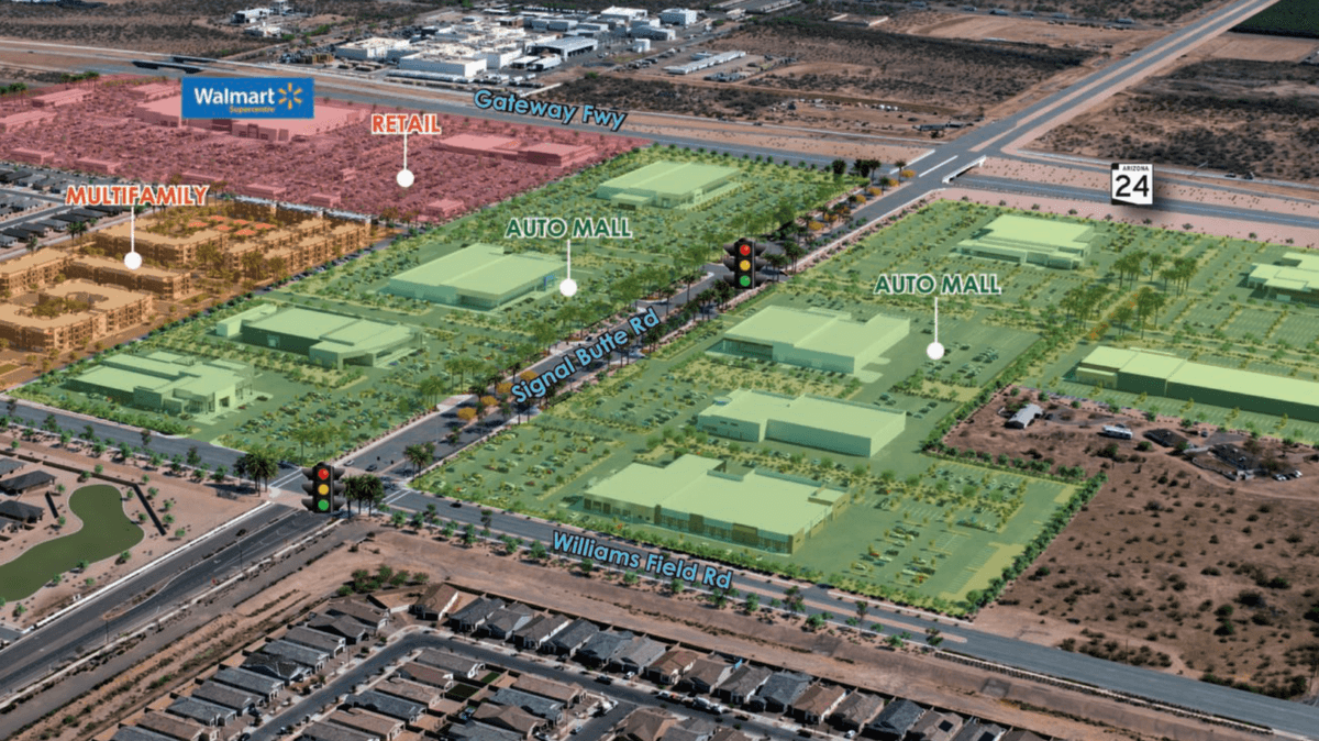 Aerial site plan of the 163‑acre Mesa development, labeling retail and auto‑mall parcels and showing major roads including Signal Butte Rd and Williams Field Rd.