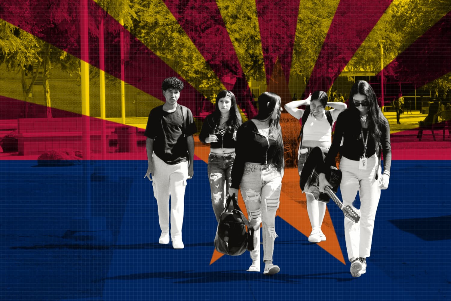 A stylized image of Arizona students walking on campus, used to illustrate youth participating in programs like LIT Ink that use creative writing to address mental health.