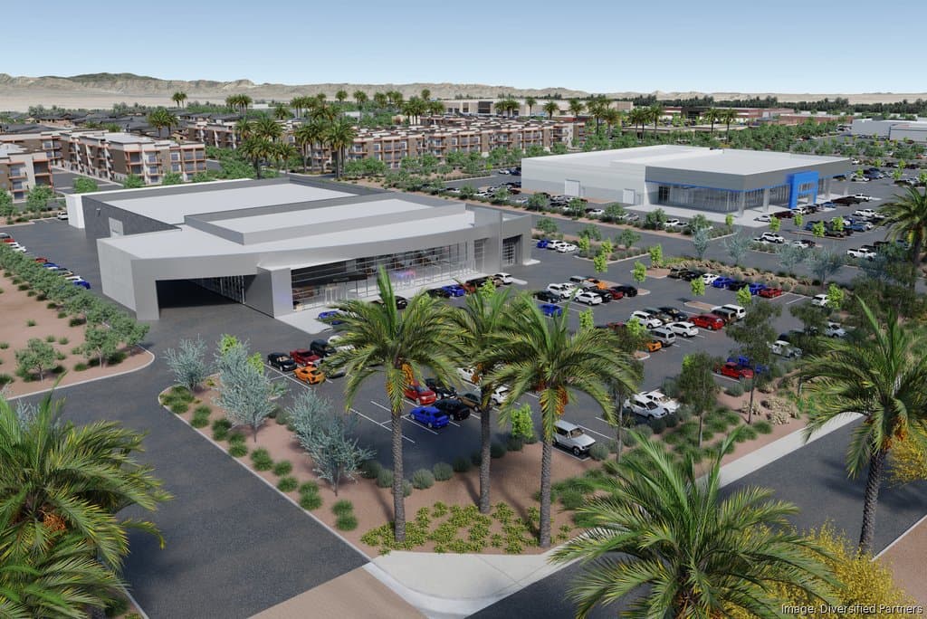 Architectural rendering of the proposed power center in Mesa, depicting retail/auto‑mall buildings, parking areas and adjacent multifamily development.