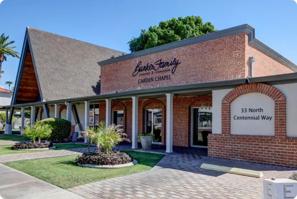 Exterior of Bunker Family Funerals & Cremation — Garden Chapel, the funeral home named in the obituary.