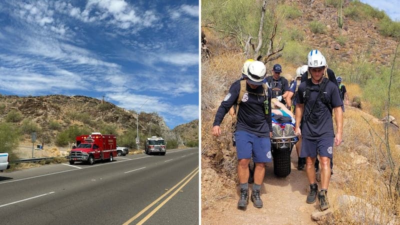 Rescue personnel carry a hiker on a wheeled litter along a desert trail during the Scottsdale heat-exhaustion rescue.