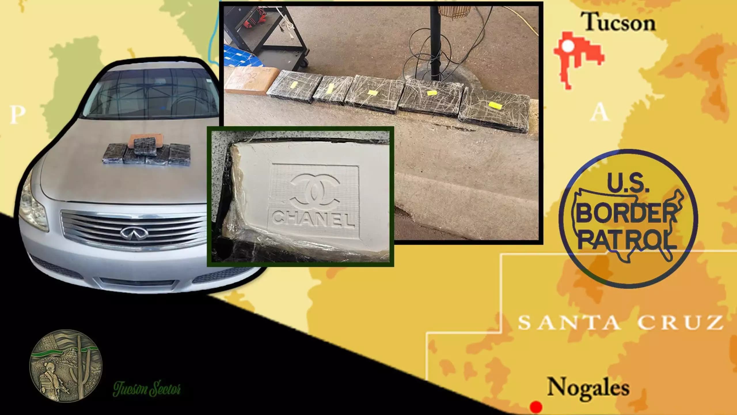 U.S. Border Patrol photo showing multiple packages of suspected cocaine and the vehicle from which they were recovered after a routine I‑19 checkpoint stop near Nogales; agents say more than 5 kilograms were seized.