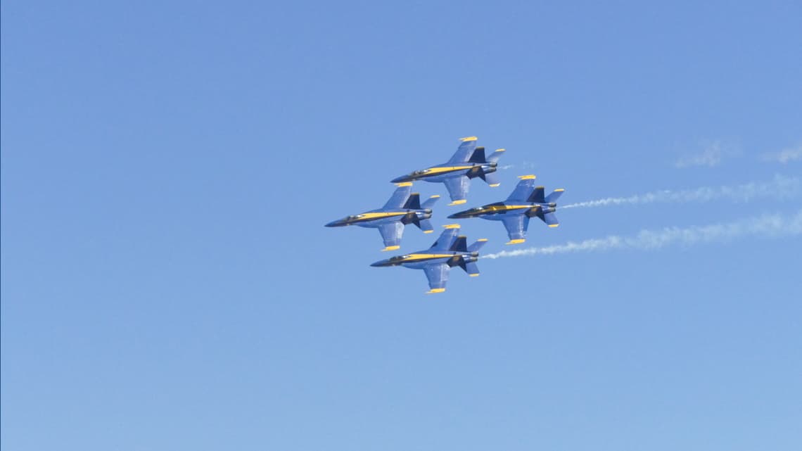 Fighter jets flying in tight formation against a clear Arizona sky; Luke Air Force Base has released a Fourth of July flyover route that will pass over communities in Maricopa, Pinal, Gila and Yavapai counties.