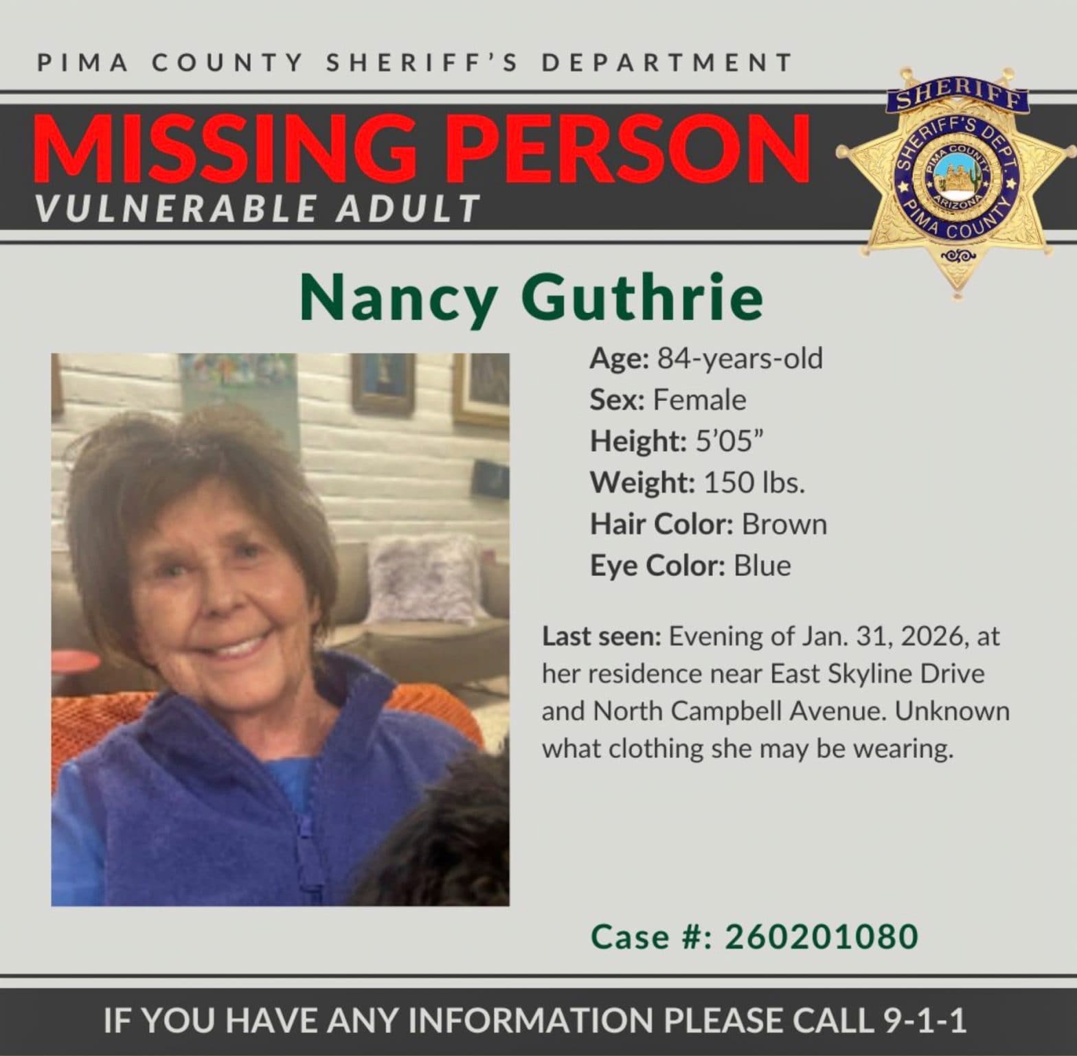 Pima County Sheriff’s Office missing-person flyer for a vulnerable 84-year-old adult reported missing from Tucson, showing a photo, physical description and contact information.