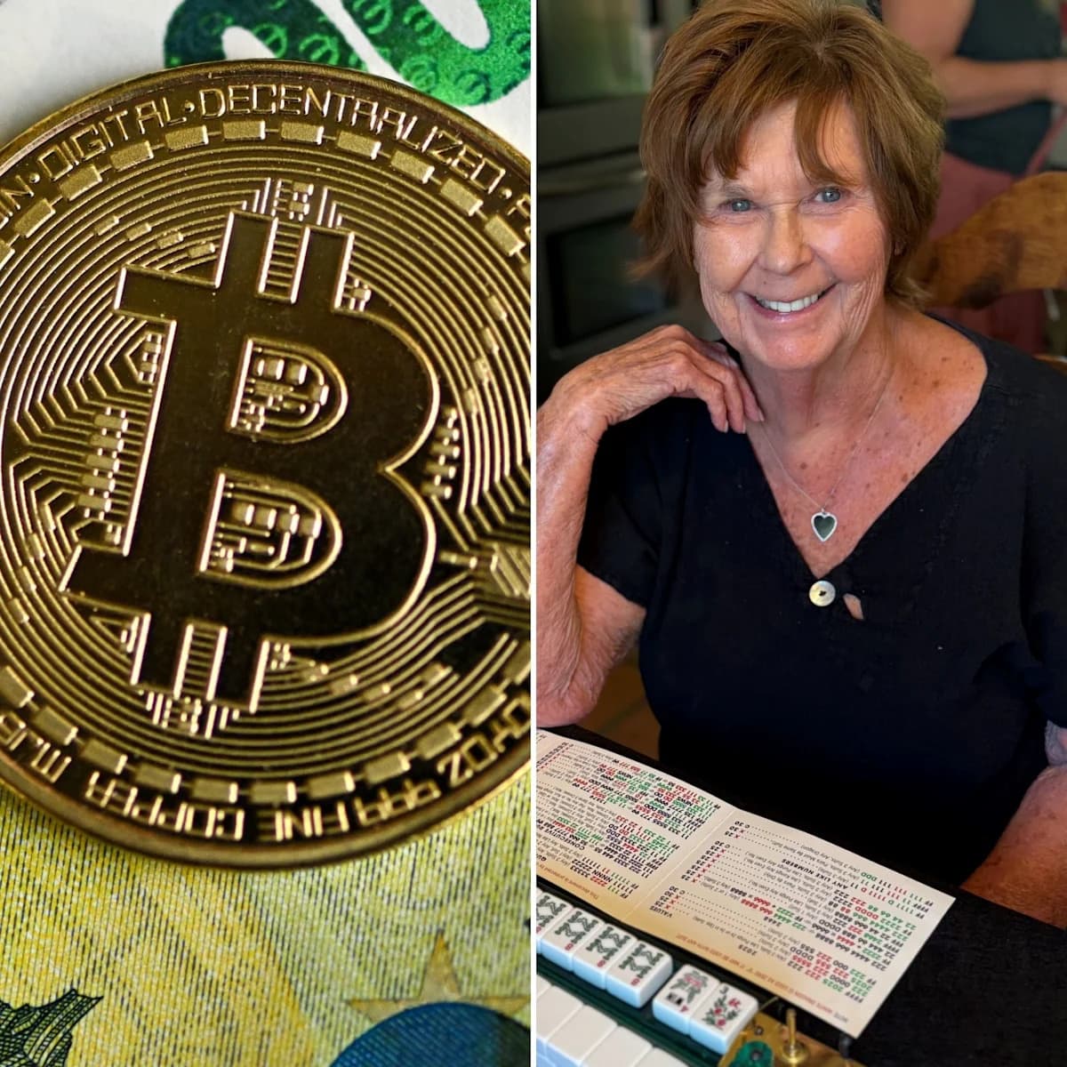 Composite image showing a Bitcoin token alongside a portrait of the missing 84‑year‑old woman who is at the centre of an alleged $6 million Bitcoin ransom demand.