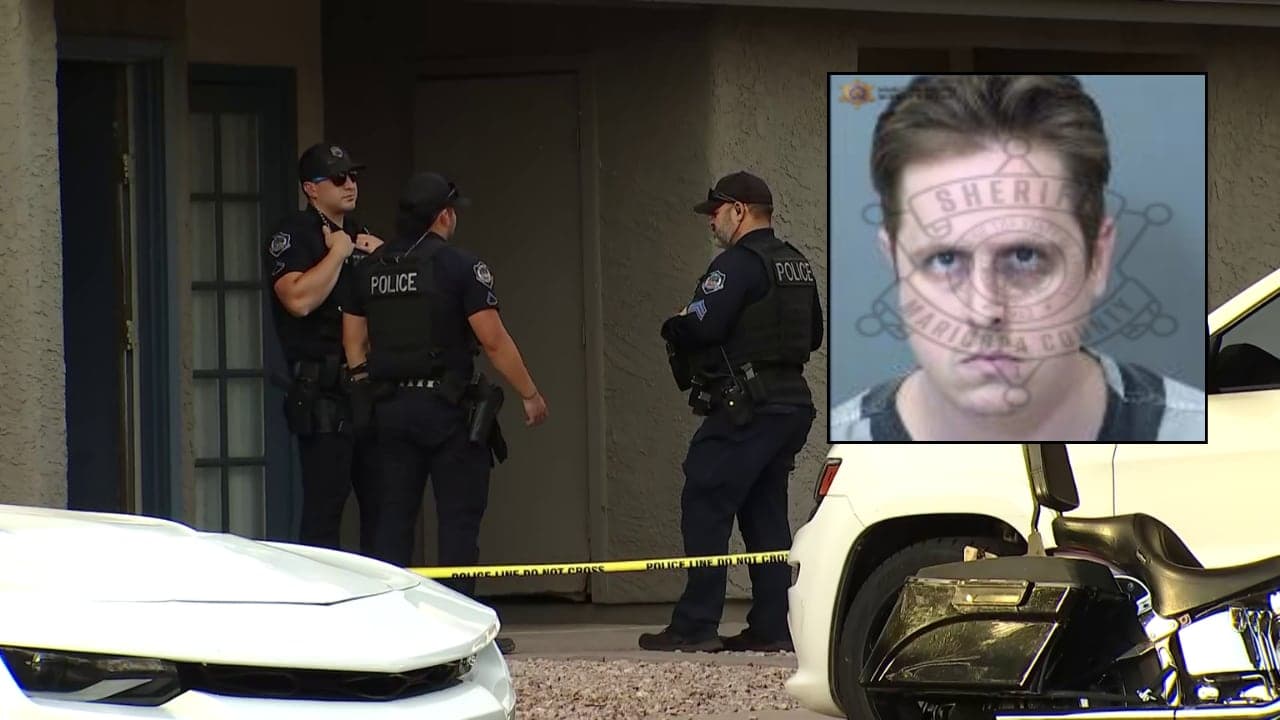 Mesa police officers stand outside an apartment building near police tape at the reported crime scene; inset shows the booking photo released by the Maricopa County Sheriff's Office of the suspect.