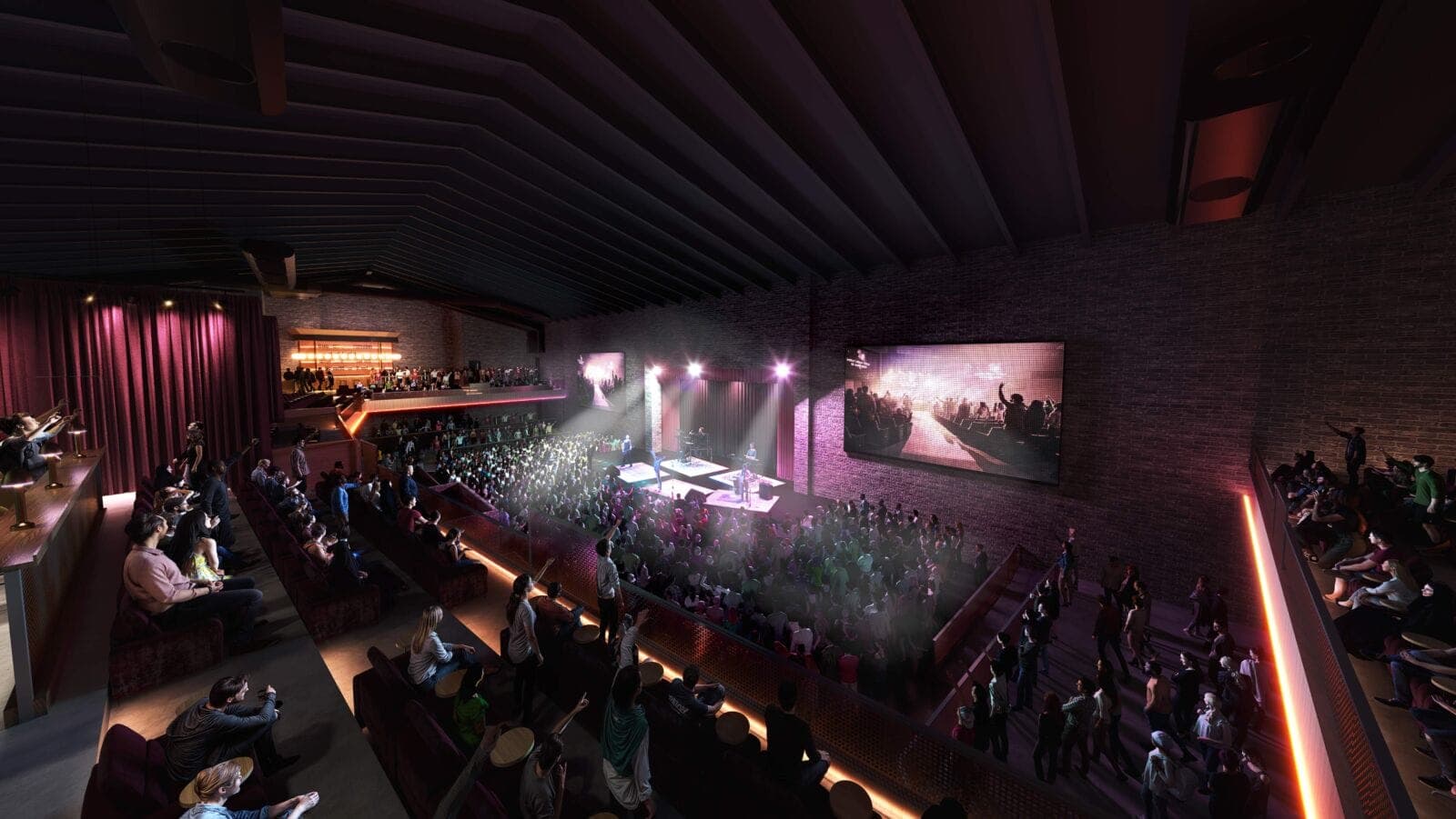 Interior rendering of The Nox's main performance hall, showing a stage, packed floor, and tiered balconies as envisioned for the new Mesa venue.