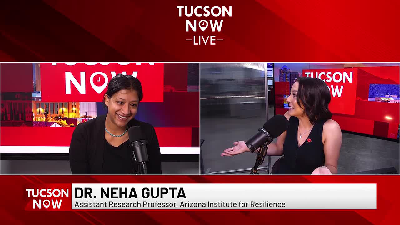 A researcher appears on the Tucson Now set during an in-studio interview about the Tri‑University Recharge and Water Reliability Project, discussing strategies to address Arizona’s water challenges.