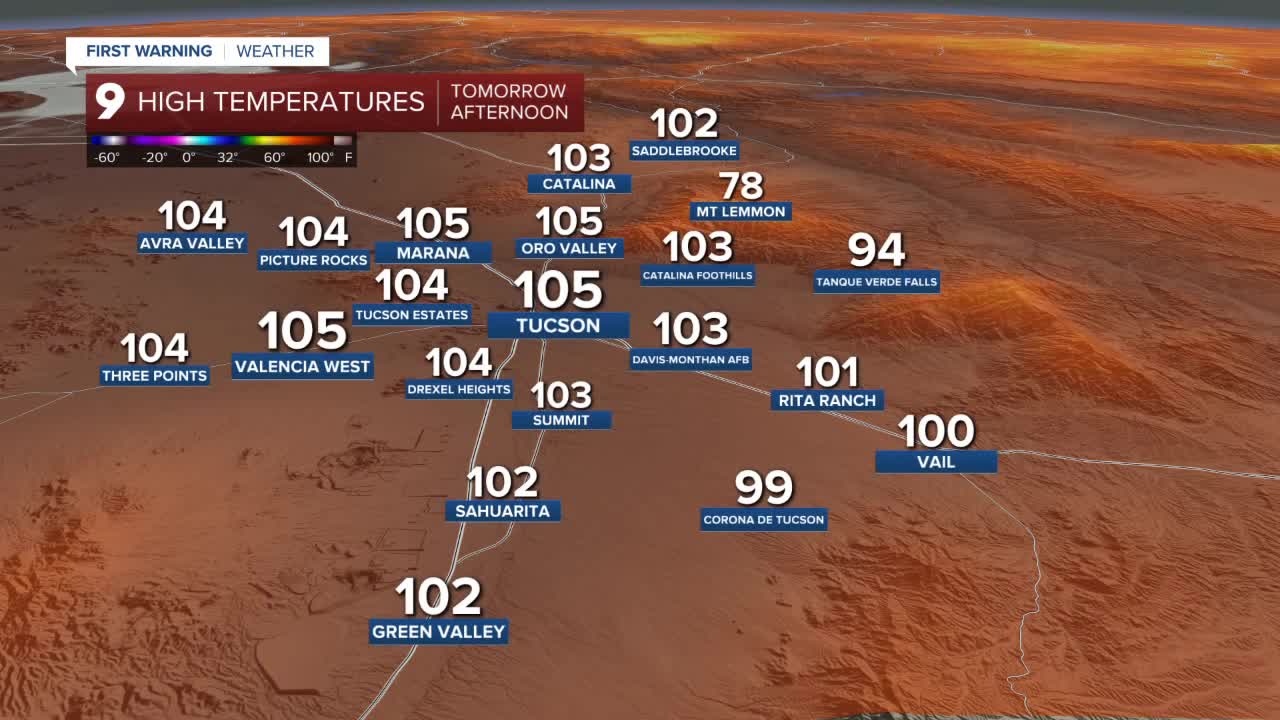 Forecast map showing tomorrow's high temperatures across the Tucson area — many locations in the triple digits (Tucson 105°F, Oro Valley 105°F, Catalina 103°F) while higher elevations like Mt. Lemmon remain cooler (78°F).