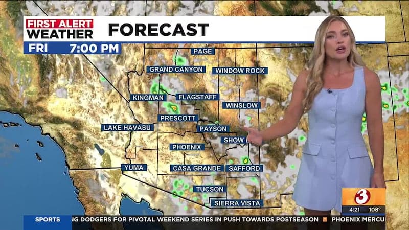 Forecast radar graphic showing scattered storm cells across Arizona, reflecting the limited evening monsoon rain chances (roughly 20–30%) mentioned for the Phoenix area.
