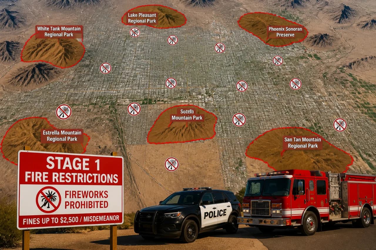 Stage 1 fire restrictions sign with a police cruiser and fire engine parked in front of a map of Phoenix mountain preserves, illustrating the city’s ban on fireworks and fines up to $2,500.