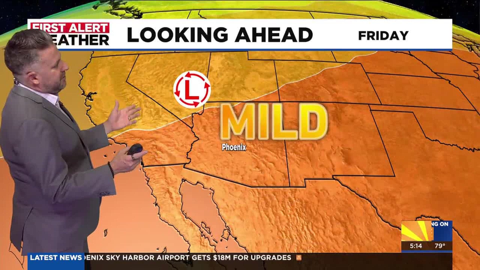 Meteorologist highlights a strong ridge over the Southwest labeled “MILD,” a pattern the story says will push temperatures higher in Phoenix later this week.