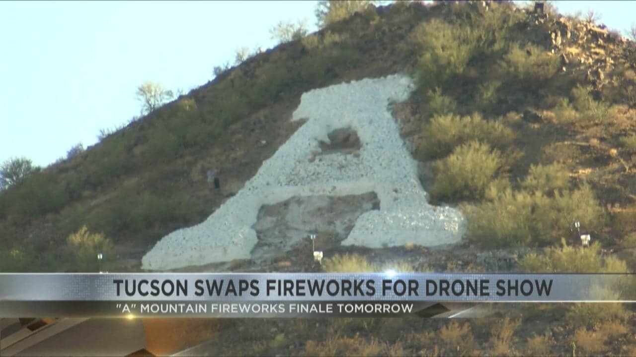 The white 'A' on Sentinel Peak (A Mountain) in Tucson, shown ahead of the planned replacement of the mountain's traditional fireworks display with a drone show.