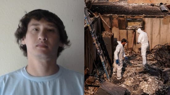 Left: booking photo released by authorities of a man now in custody; right: forensic teams comb through the charred interior of a Spokane-area home following the Old Trails fire as investigators search for evidence.