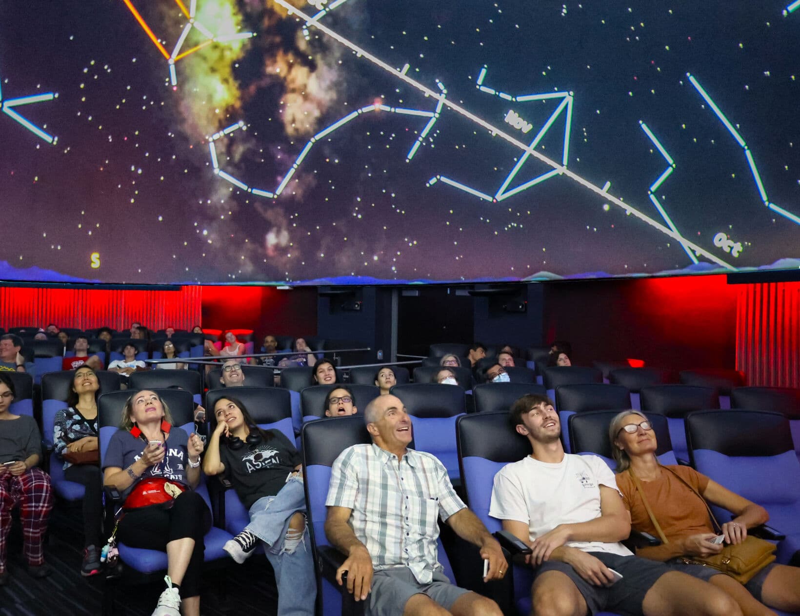 Audience members watch a star show under a planetarium dome — a family-friendly, climate-controlled outing for Tucson kids on hot summer days.