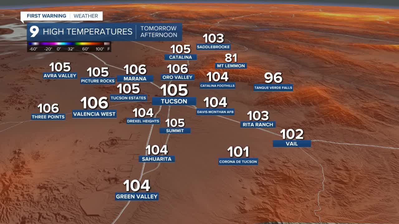 KGUN 9 forecast map showing triple‑digit afternoon highs across the Tucson area — including 105°F in Tucson, 106°F in Marana and 104°F in Green Valley.