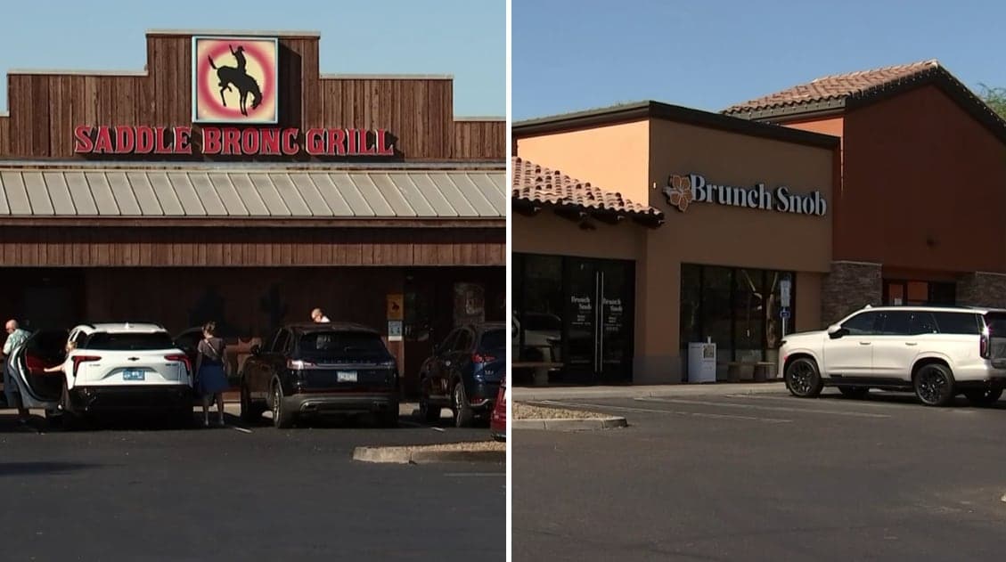 Brunch Snob and Saddle Bronc Grill storefronts in Phoenix, shown as part of AZ Family’s “Dirty Dining” coverage of recent Maricopa County health‑code inspections of local eateries.