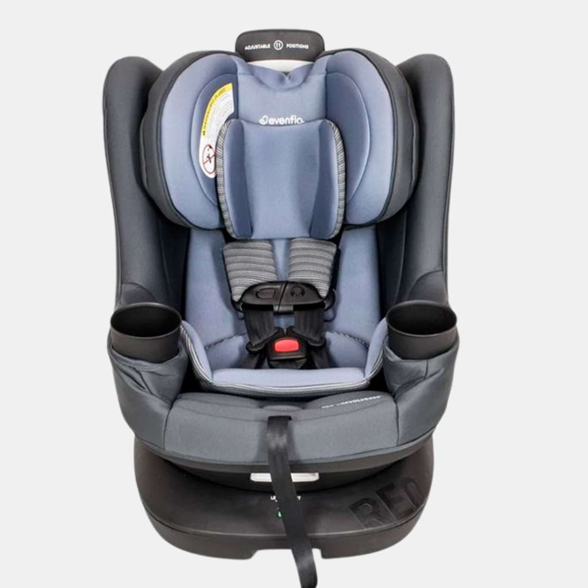 Front view of an Evenflo REO by Revolve360 child car seat — one of the models included in the company’s recall, showing the 5‑point harness and cup holders.