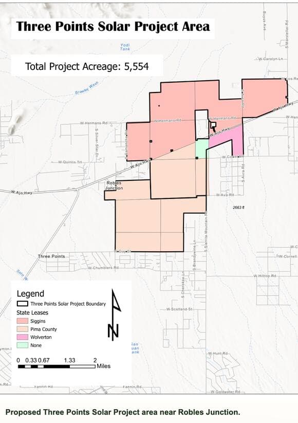 Map showing the proposed Three Points Solar Project area and its 5,554-acre boundary near Robles Junction, shared by a local farmer organizing meetings.
