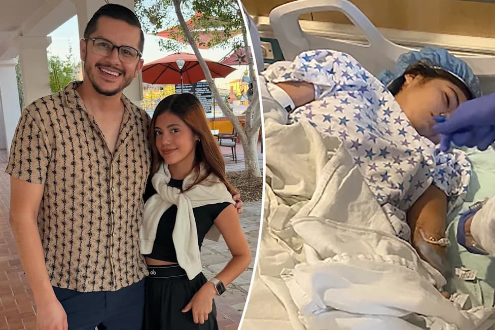 Composite photo juxtaposing a relative with the teenager outside and a separate hospital post-procedure image, illustrating the family's reunion and the patient's ongoing care in Arizona.