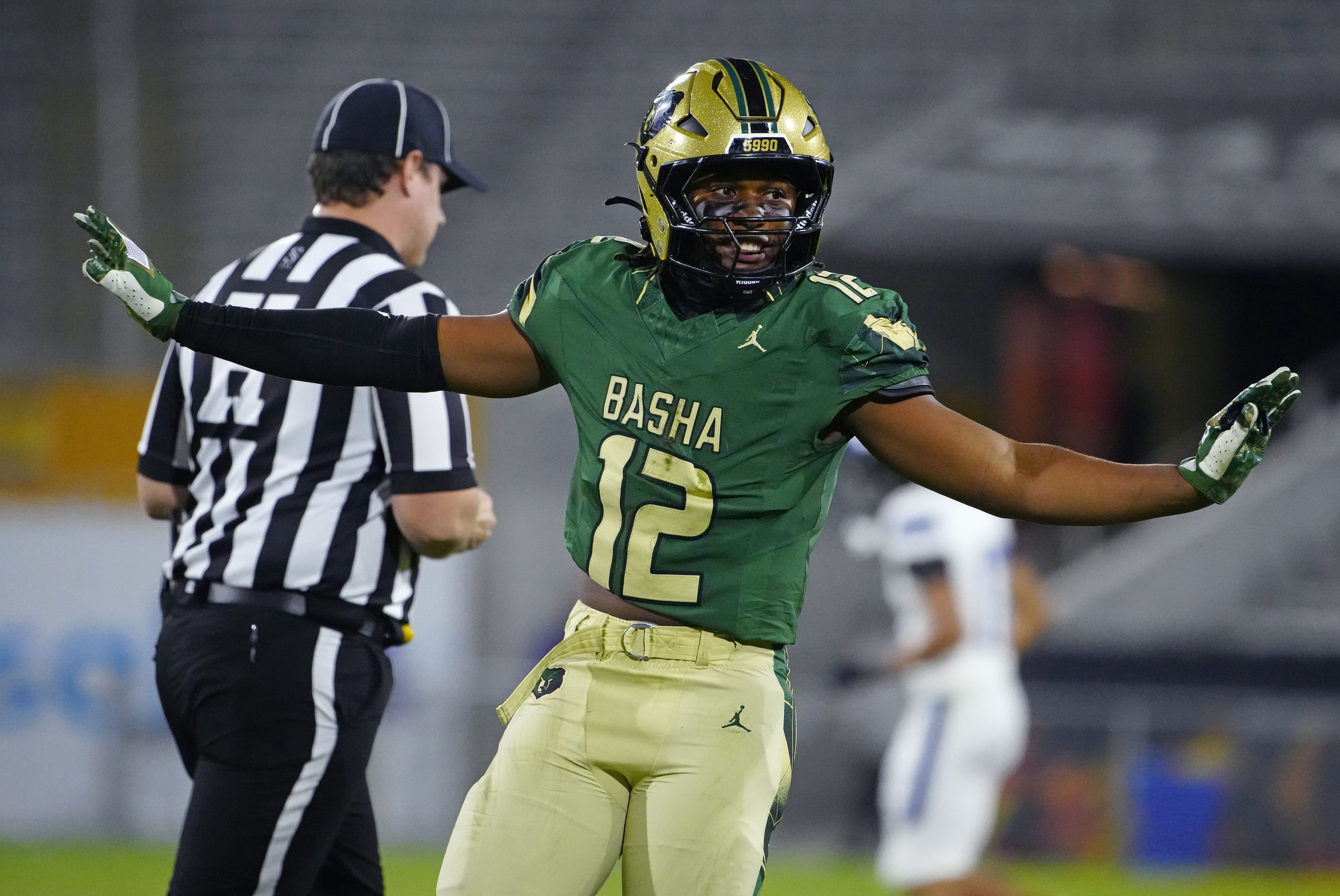 Basha linebacker No. 12 reacts after a pass breakup during the Open state championship at Mountain America Stadium in Tempe on Dec. 6, 2025 — one of the players featured in The Republic’s Top 10 Arizona high school linebackers preview.