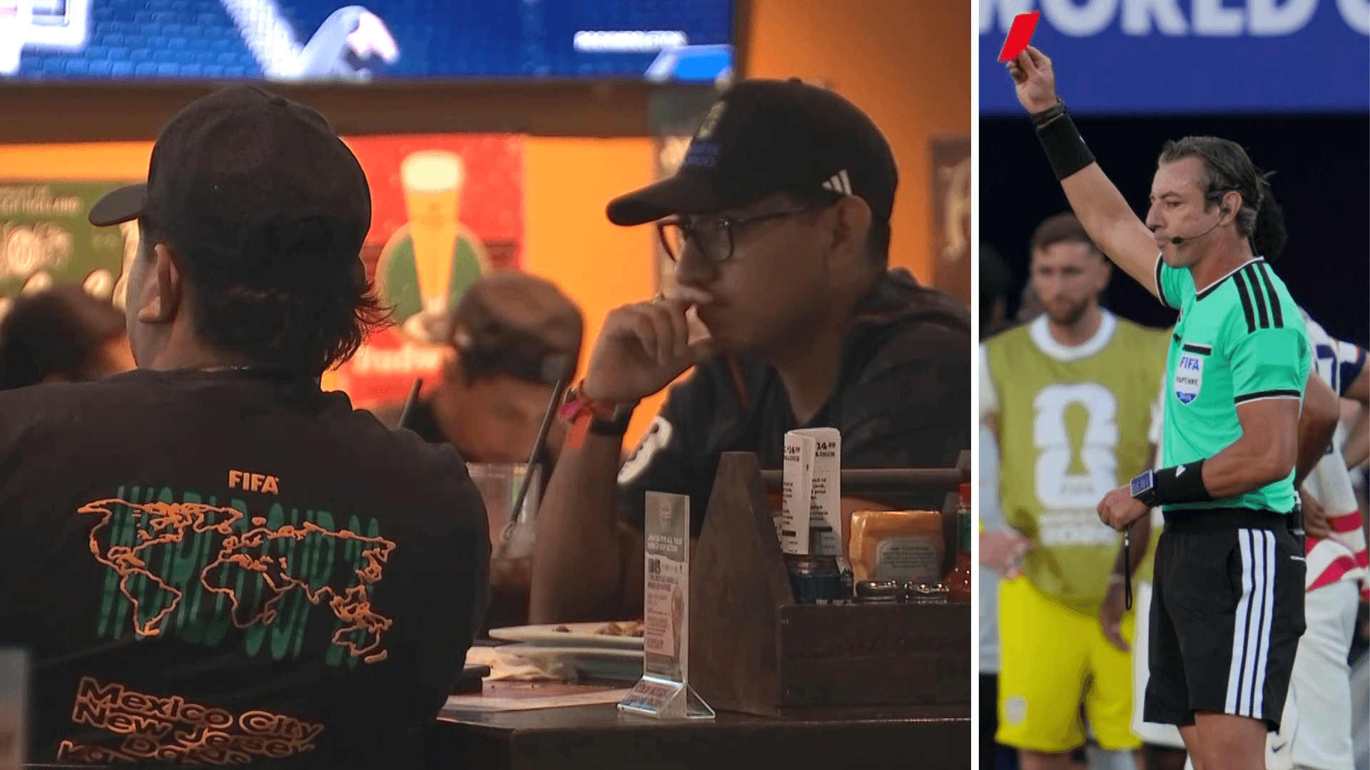Fans in a Phoenix bar watch the U.S. men's national team amid debate over FIFA and political interference; inset shows a referee issuing a red card during international play.